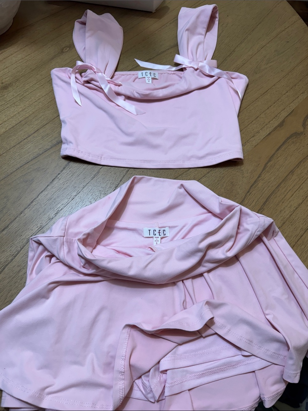 TCEC Pastel Pink Tie-Strap Crop Top and skirt
